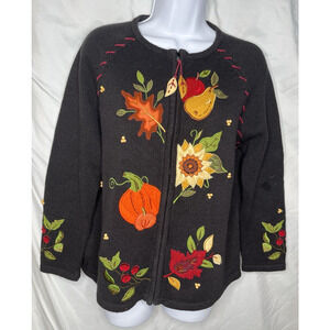 Tiara Fall Cardigan Sweater Pumpkin Leaves Flowers Bead Embellished Small Vintag